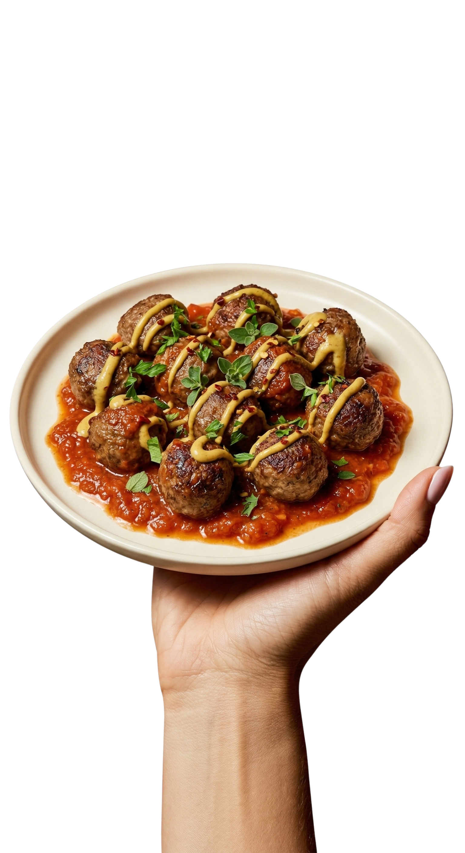 SMAQO hybrid meatballs in tomato sauce on a plate